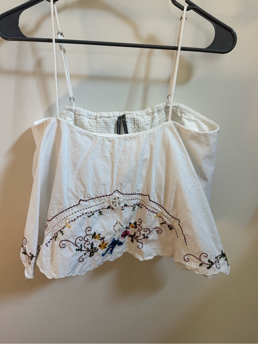 Anthropologie White Cropped Embroidered Spaghetti Strap Top